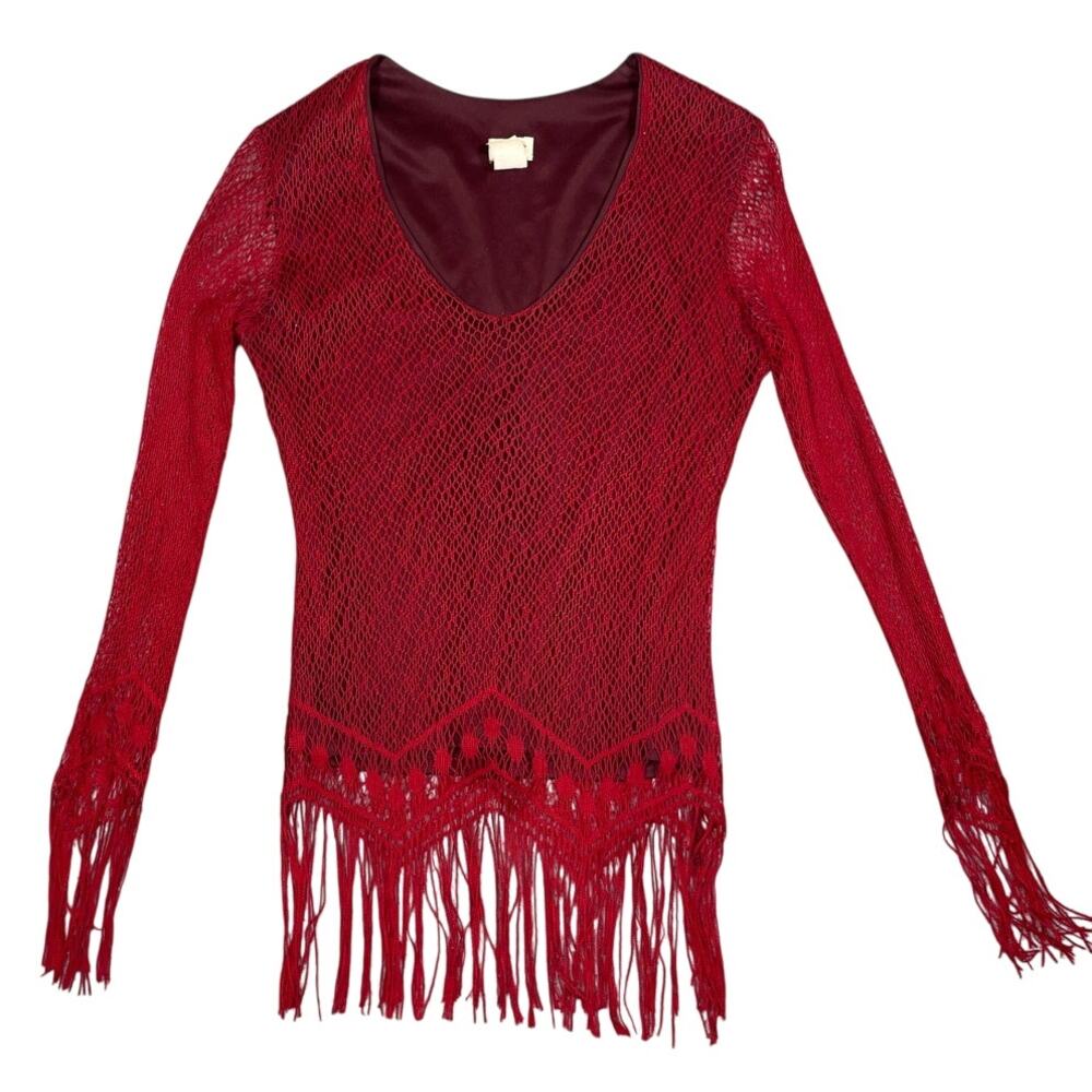 Jacques Womens Size S Red Knit Lace Long Sleeve Fringe Top Y2K Festival